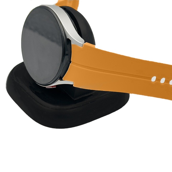 Szíj a Samsung Galaxy Watch Active2-vel kompatibilis okosórához, rugalmas szilikon, víz- és szennyeződésálló, diszkrét kialakítás, perforációk a hossz beállításához és tökéletes illeszkedés a kézhez, narancs