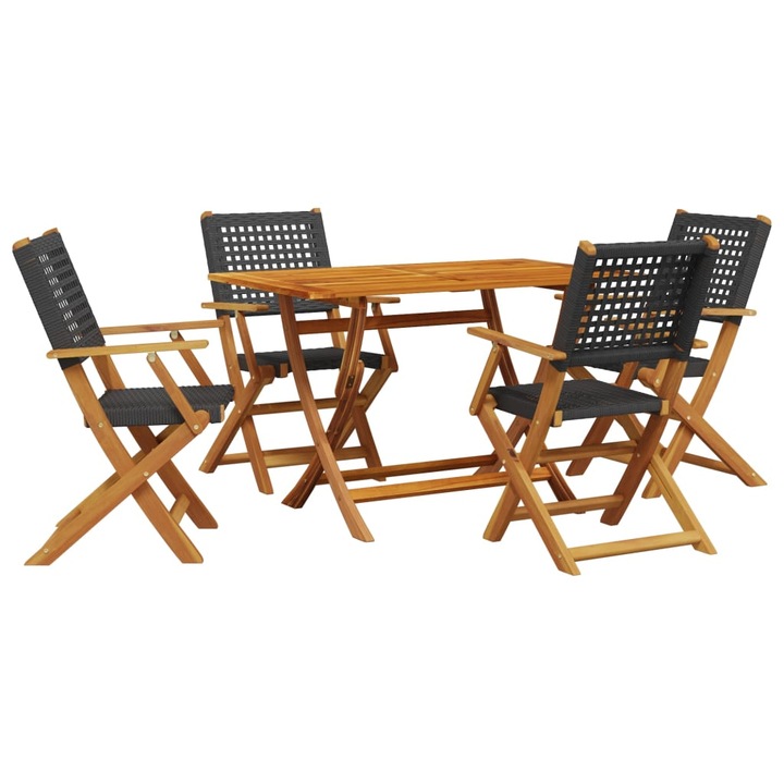 Set mobilier gradina vidaXL, 5 piese, negru, poliratan si lemn masiv, 21.2 kg