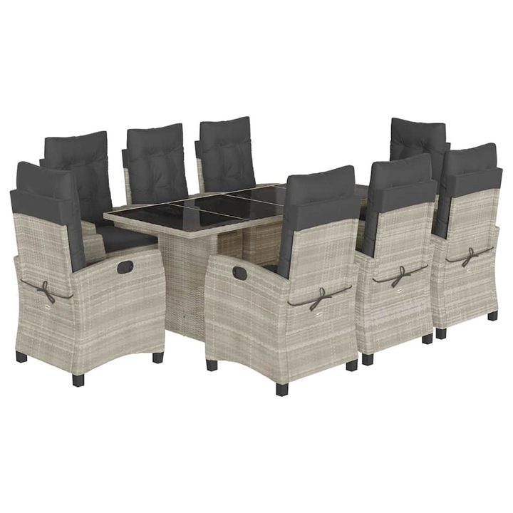 Set mobilier gradina cu perne vidaXL, 9 piese, gri deschis, poliratan, 3212700