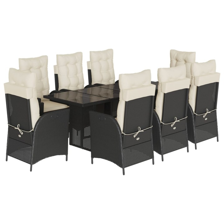 Set mobilier de gradina cu perne vidaXL, 9 piese, negru, poliratan, 44.4 kg