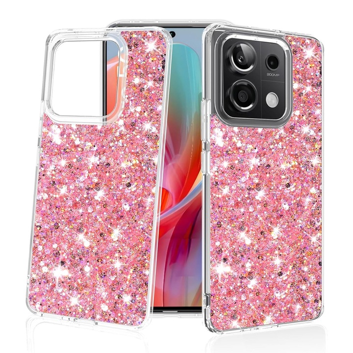 Husa Cu Grad Ridicat de Protectie pentru Xiaomi Redmi Note 13 Pro 5G/Poco X6, Tuds Armor, Sparkly Glitter, F52, Hard Plastic, Soft Rose