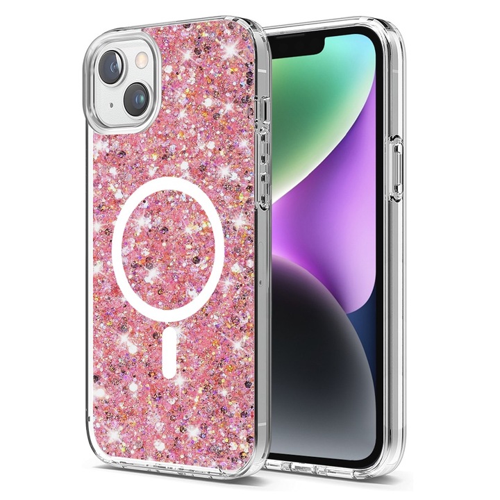 Husa Protectie pentru iPhone 14, Cipsir Urban, Sparkly Glitter MagSafe, V62, Lexgard, Powder Pink