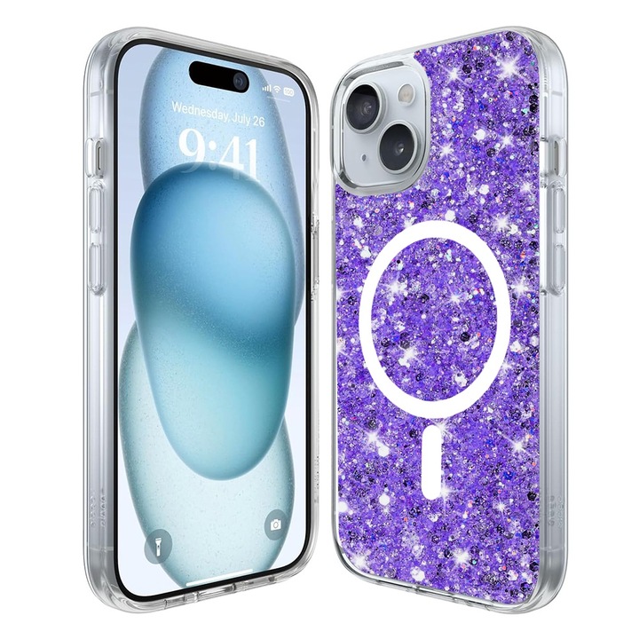 Husa Protectie pentru iPhone 15, Cipsir Safe, Sparkly Glitter, V30, Lexgard, Plum Violet