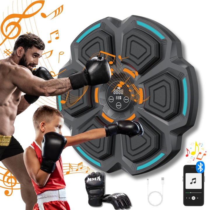 Tinta lovituri Box, Danesso®, Difuzor incorporat, Conexiune Bluetooth, Display pentru monitorizarea loviturilor, Iluminare LED a zonei de lovire, Montabil pe perete, Pentru Copii si Adulti, Manusi Incluse