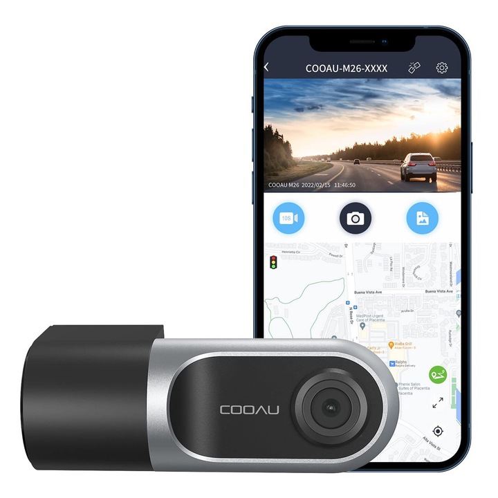 COOAU M26 DVR камера за кола, 1080P FHD, 150° широк ъгъл, Wi-Fi, 360 ротация, суперкондензатор, паркинг мониторинг