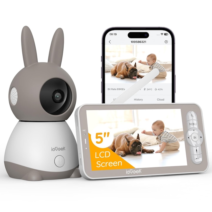 Baby Monitor ieGeek cu rezolutie HD 2K Multi View, LCD de 5 inchi si control aplicatie, Detectie AI Temperatura, Miscare, Sunet, Umiditate, Night Vision, 355°/60°, Sunet Bidirectional, 3000mAh, White/Maro