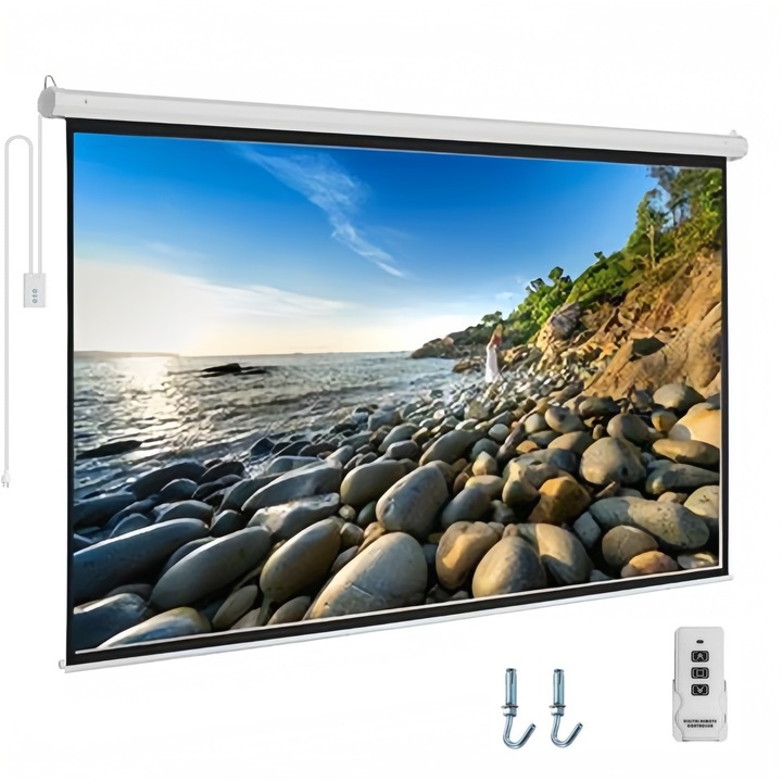 Електрически HD прожекционен екран, MOSMAOO®, LHS270, поддръжка на 1080P/3D, 100 инча за дома, училище, срещи, 4:3, 4K Cinema Level, 203 x 154 cm, бяло / черно