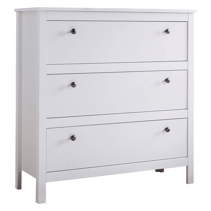 Comoda alba, din PAL laminat, canturi ABS, MDF, dormitor, cu 3 sertare, eleganta si moderna, 92x35x98 cm