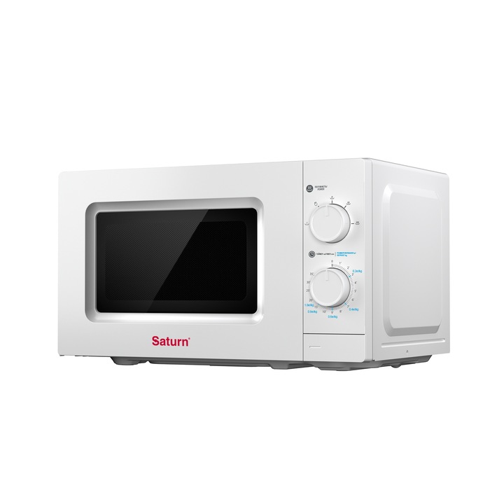 Микровълнова фурна Saturn ST-MW7162, 1050W, 20 L, Таймер: 35 мин., Бърз старт, Размразяване според теглото и времето, Вратичка с бутон, Бяла