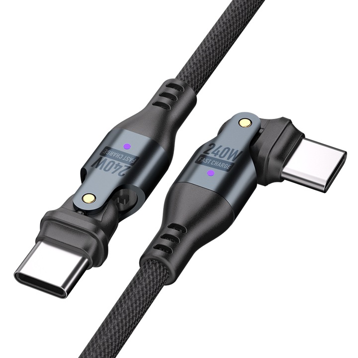 Kábel 240 W, 20V 5A, 480mbp/s, forgó, Töltés és adatátvitel Mágneses USB-C - USB-C, QC/PD, Hossz 1,8 m, Fekete kompatibilis Macbook A2166, A1707, A1706, A1708, A1534, A171894, A171894 , A1932, A1882, A1534, A1540,