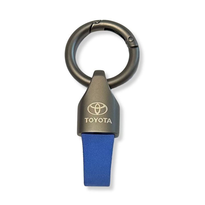 Ключодържател Toyota от метал и велур, Гравирано лого, Матово черно-синьо