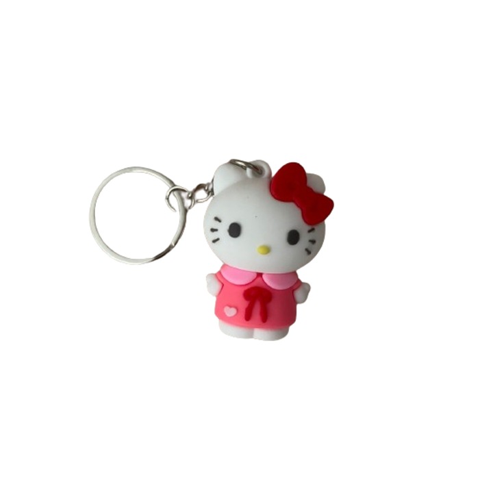 Силиконов ключодържател, фигурка Hello Kitty, розово - червено, чанта и ключове, 5 см