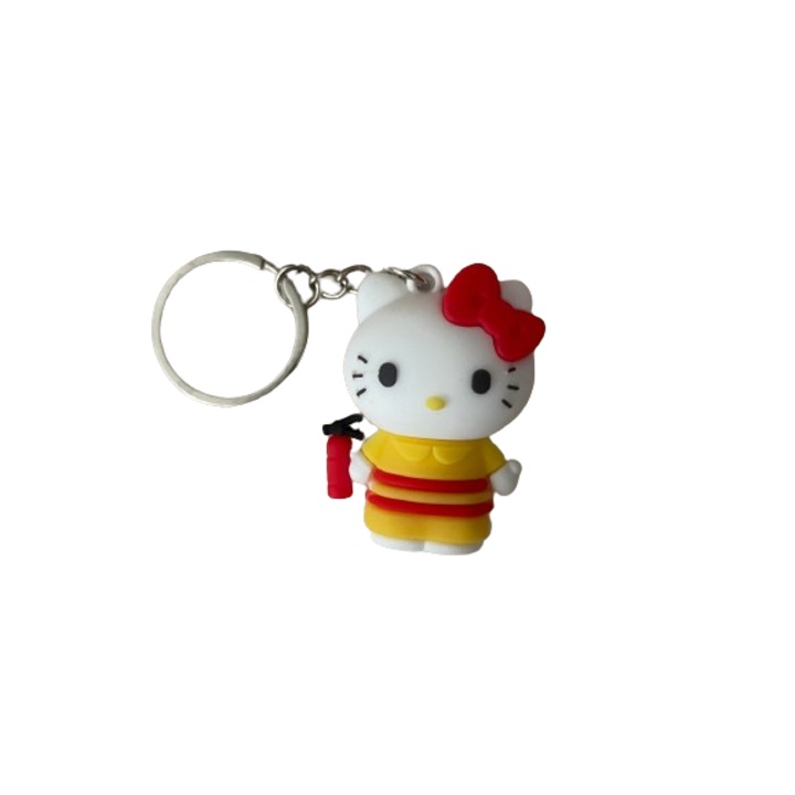 Szilikon kulcstartó, Hello Kitty figura, sárga, táska és kulcsok, 5 cm