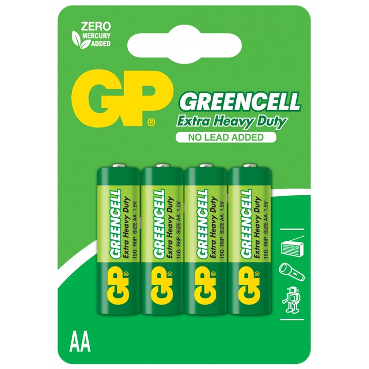 4 db GREENCELL, GP Battery, 1.5V, R6 elem, zöld