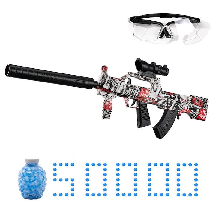 Комплект играчка пушка, за открито, с 50 000 гел топчета и защитни очила, червен