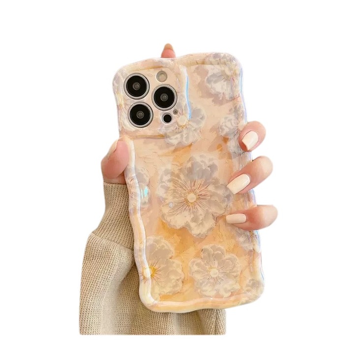 Калъф за телефон YSBER, iPhone 15 Pro, флорален мотив на маслена живопис, вълнообразен ръб, жълт