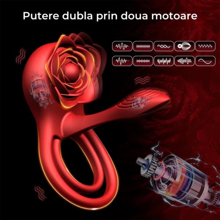Vibrator Obsessia® 3 in 1 RoseRing, 9 moduri de vibratie diferite, cu inel de penis pentru intarzierea ejacularii, stimulare clitoridiana si punct G, atasabil, cu telecomanda, incarcare USB, rezistent la apa, design floral, 10 x 10 x 5.4 cm