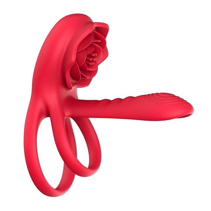 LovePlay 3 az 1-ben RoseRing vibrátor, rögzíthető péniszgyűrű késleltetett magömlés, klitorisz stimuláció és G-pont, 9 különböző vibrációs mód, távirányító, USB töltés, vízálló, virágos kivitel, 10 x 10 x 5, 4 cm