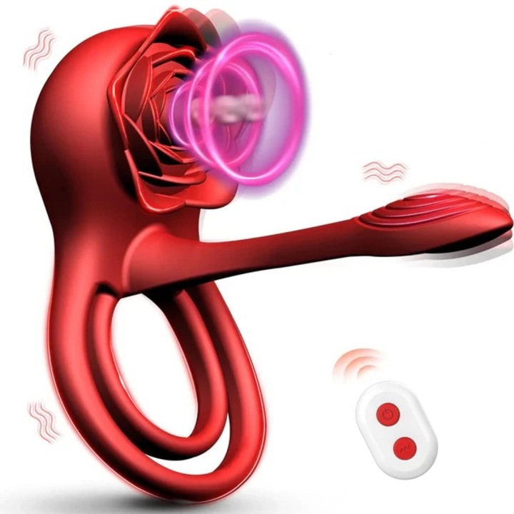 Vibrator Obsessia® 3 in 1 RoseRing, 9 moduri de vibratie diferite, cu inel de penis pentru intarzierea ejacularii, stimulare clitoridiana si punct G, atasabil, cu telecomanda, incarcare USB, rezistent la apa, design floral, 10 x 10 x 5.4 cm