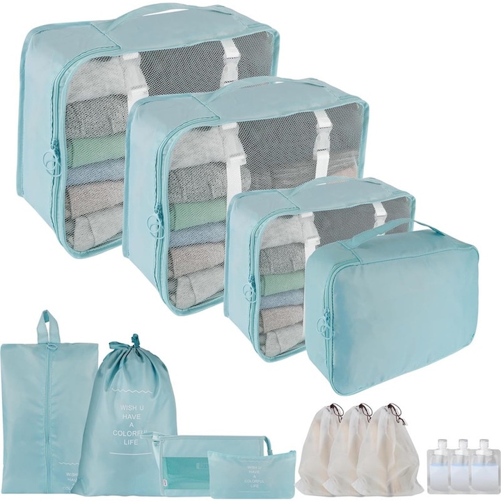 Set organizatoare calatorie YSBER, 14 piese bunuri de Voiaj, design plasa vizibila, Poliester, Albastru