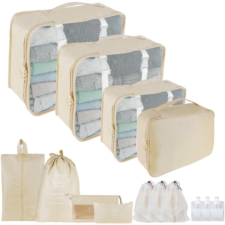 Set organizatoare calatorie YSBER, 14 piese bunuri de Voiaj, design plasa vizibila, Poliester, bej