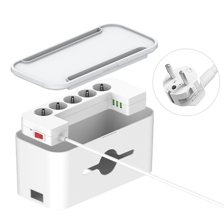 Organizator cabluri, 5 prize AC, 3 porturi USB, protective suprasarcina, 2500W, 10A, cablu 2m, gestionare a cablurilor prize, WALALLA, Alb patinat