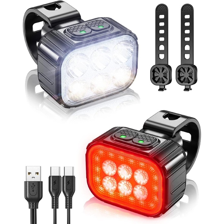 Set lumini bicicleta, 6 LED-uri, 4+6 moduri, rezistent la apa si socuri, portabil, multicolor