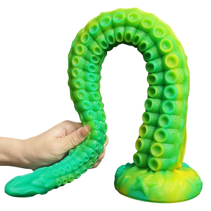 Miaoling análdugó, dildó, szilikon, erős tapadókorong, zöld/sárga, 58x4,5 cm