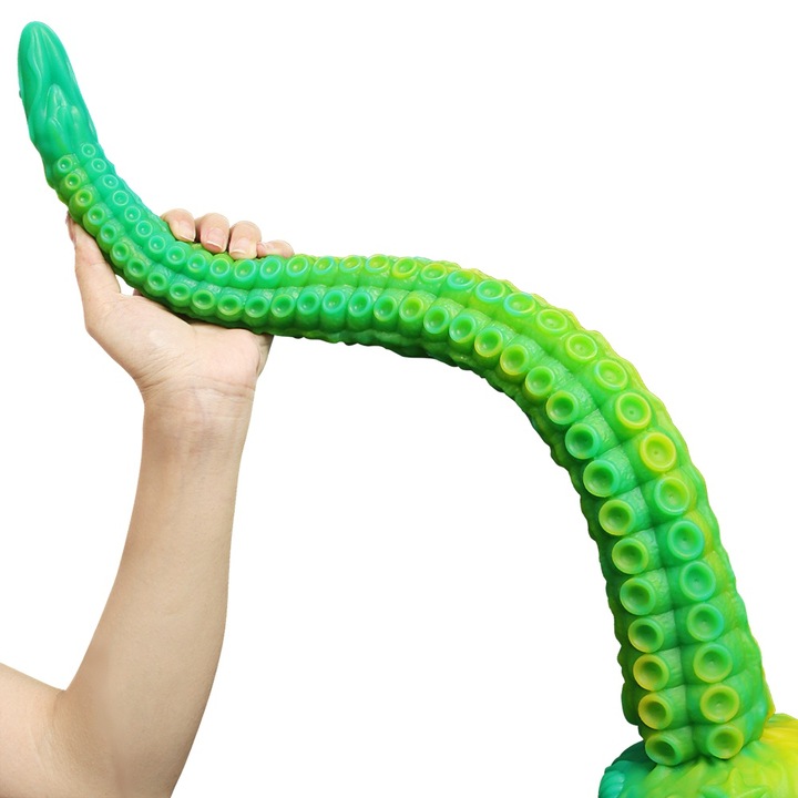 Dop anal de tentacul de caracatita, Miaoling, jucarie sexuala, silicon lichid moale, dilatator anal, ventuza puternica, verde|galben, impermeabil, 50x4.4cm