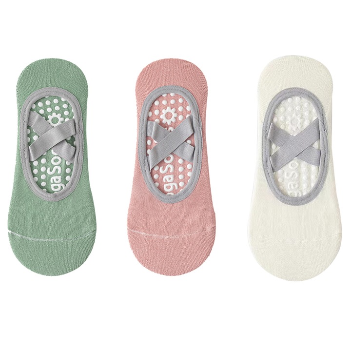 Set 3 perechi de sosete antiderapante, SINBINTA, Bumbac, Marime universala, Nu se estompeaza, Respirabil, Elasticitate ridicata, Rezistent la deformare, Absorbant de transpiratie, Pentru yoga, Dans, Pilates, Verde/Roz/Bej