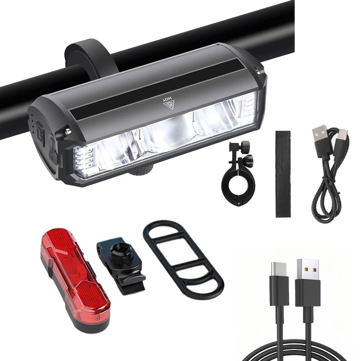 Set lumini bicicleta, SINBINTA, Reincarcabil USB, 2000 mAh, 900 lumeni, Impermeabil, 4 moduri/3 moduri, Accesorii de instalare incluse, Usor de asamblat, Pentru Night Riding, Silicon/ABS, 9.1x4.1x3cm/2x7x2cm, Negru
