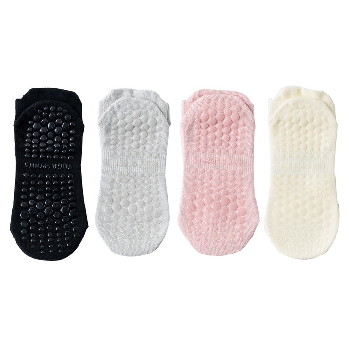 Sosete antiderapante, SINBINTA, 4 perechi, Bumbac/Spandex, Marime universala, Nu se estompeaza, Respirabil, Elasticitate ridicata, Rezistent la deformare, Absorbant de transpiratie, Pentru yoga, Dans, Pilates, Negru/Gri/Roz/Bej