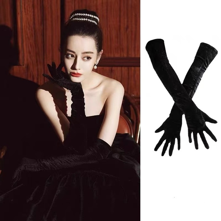 Manusi lungi din satin, TENGDA INTELLIGENT, catifea pentru petreceri, evenimente, accesorii pentru rochii de seara, manusi pentru brat, stilul printesei Audrey Hepburn, 53 cm, Negru