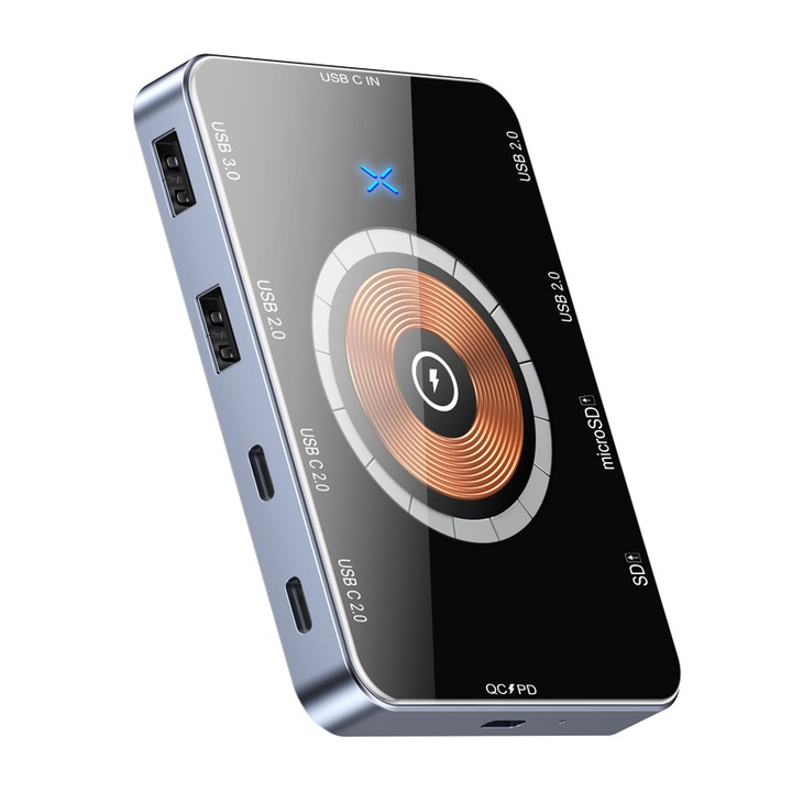 Statie de andocare, multifunctionala 10 in 1, incarcare wireless 15w, design magnetic, transmisie de mare viteza 5Gpbs, compact si portabil, negru