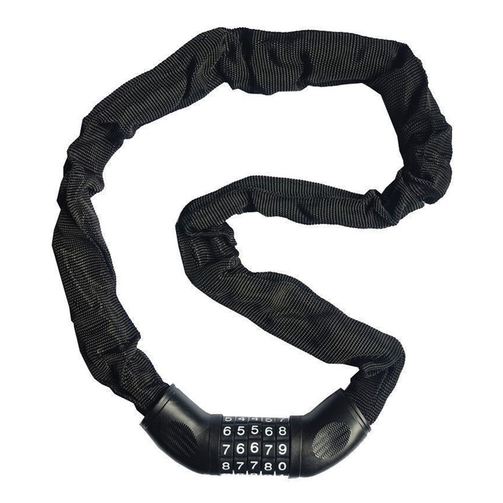 Lant antifurt bicicleta si trotineta, SINBINTA, Parola de 5 digiti, Usor de utilizat si de transportat, Anti rugina, Rezistent la taiere si rupere, Reutilizabile, Compatibil motociclete, Scutere, Otel/Nylon, Lungime 90cm, Negru