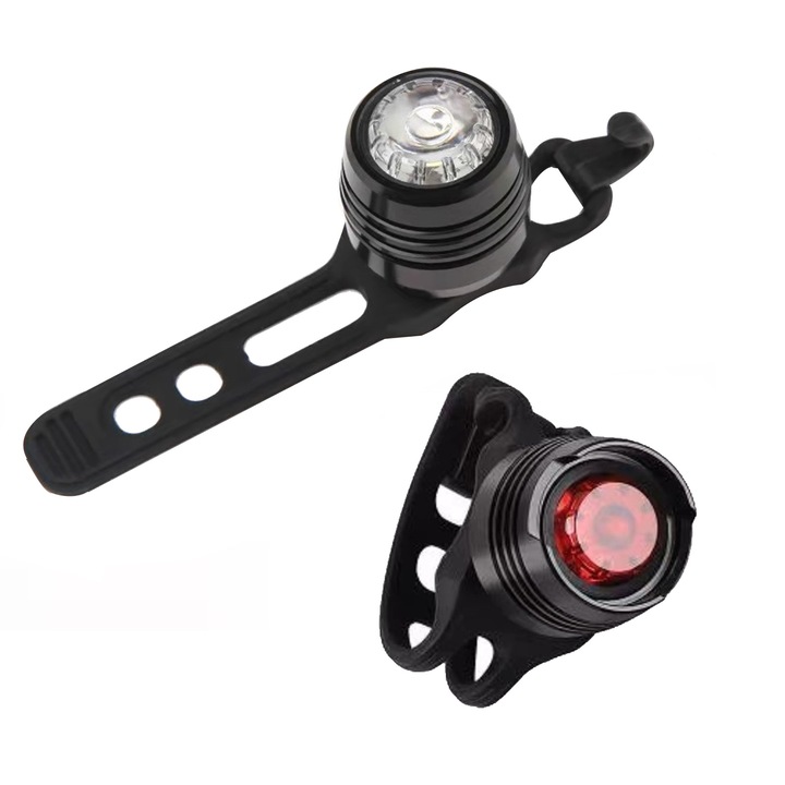 Set lumini bicicleta, SINBINTA, Cu 4 baterii, Lumina alba si rosie, IPX5 Rezistent la Apa, 3 Moduri, Apasa On/Off, Usor de asamblat, Nu este usor de spart, Pentru Night Riding, Silicon/Aluminiu, Negru