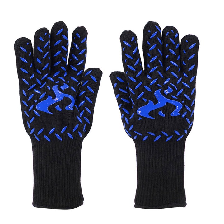 Manusi pentru gratar si bucatarie, Yhemday®, 1 pereche, rezistente la caldura, protectie anti-alunecare, aplicabil pentru exterior si bucatarie, marime universala, silicon, Albastru