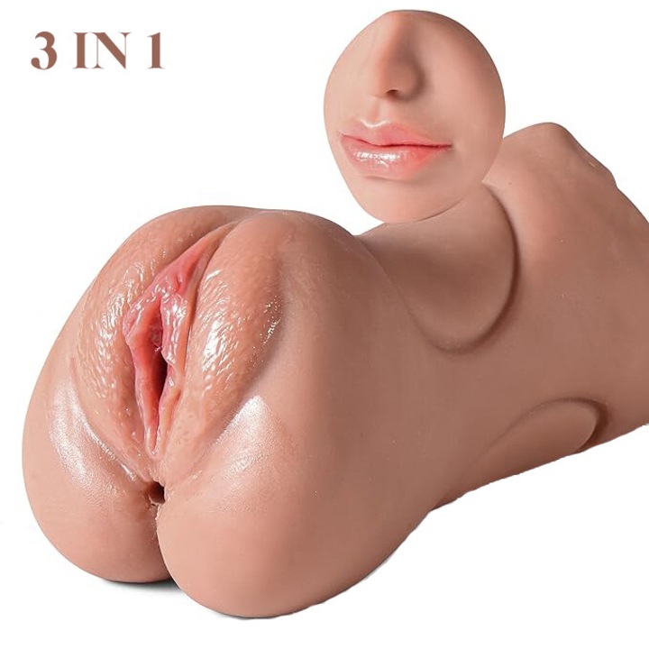 Masturbator 3-in-1, Miaoling®, jucarie sexuala ultra-realista, vagin artificial, masturbator masculin, vagin, anus, gura, design ergonomic, rezistent la apa, maro cires