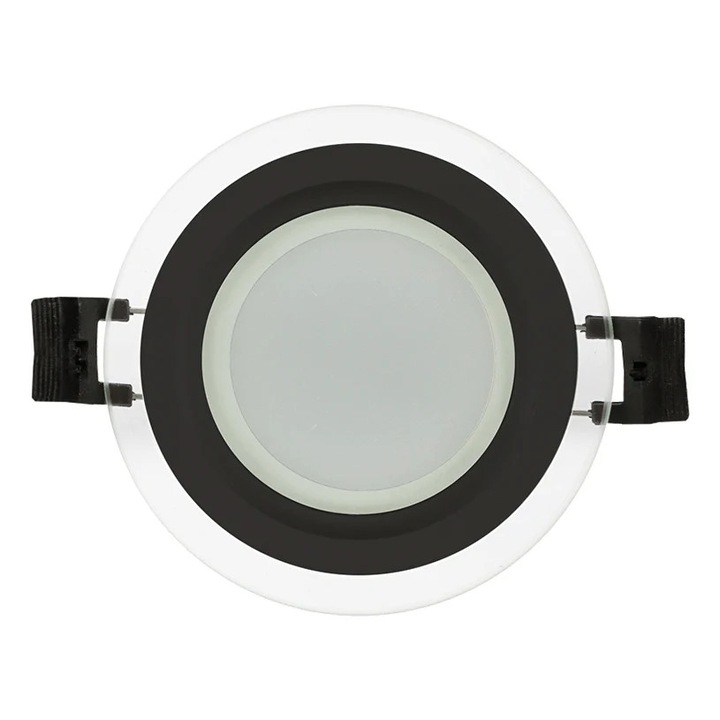 Panou LED din sticla. Incastrat, rotund, 6W, 4200K, 220-240V AC, IP44, inel negru, Ultralux