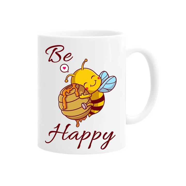 Cana personalizata cu mesaj: be happy - albina, 330ml, alba, ceramica
