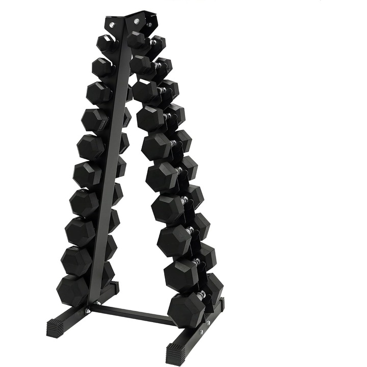 Suport si gantere hexagonale YLJ001-3, 2.5Kg-25Kg, Zoco Body Fit, Greutate totala gantere 275 kg, Negru