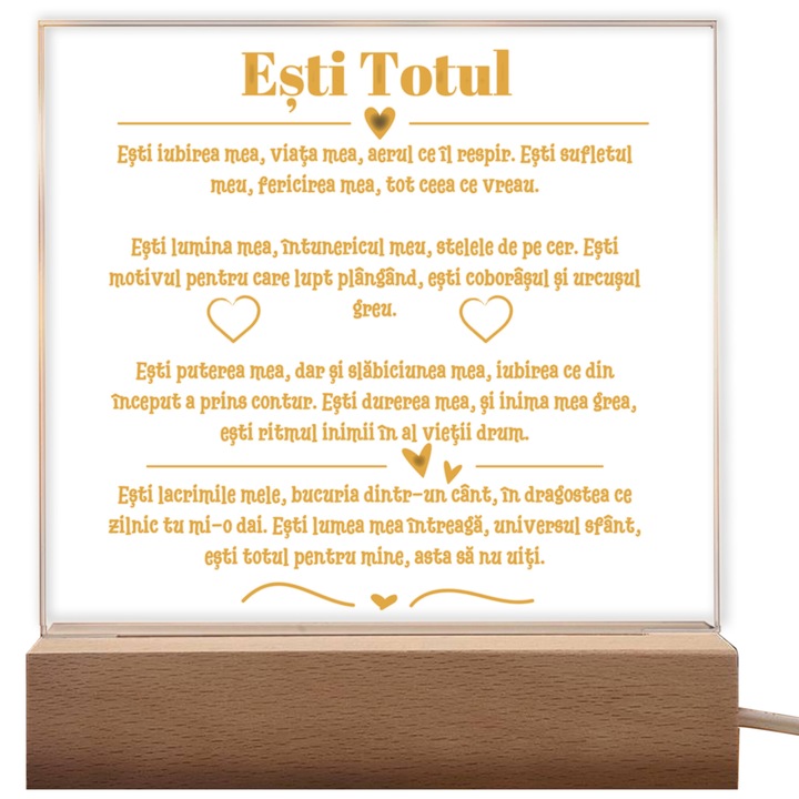 Set Cadou Pentru Iubit/Iubita, Joystos, Lampa Decorativa, Placa Acril cu Baza din Lemn si Banda Led Lumina Calda, Cu Mesajul ”Esti totul pentru mine”