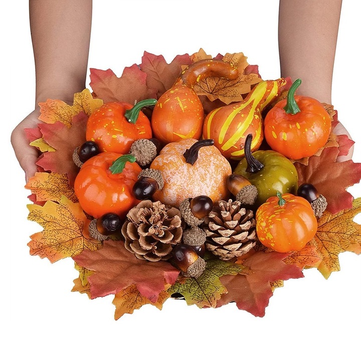 Set decorativ de toamna YSBER, dovleci artificiali, ghirlanda, frunze de artar, conuri de pin, ghinde, multicolor