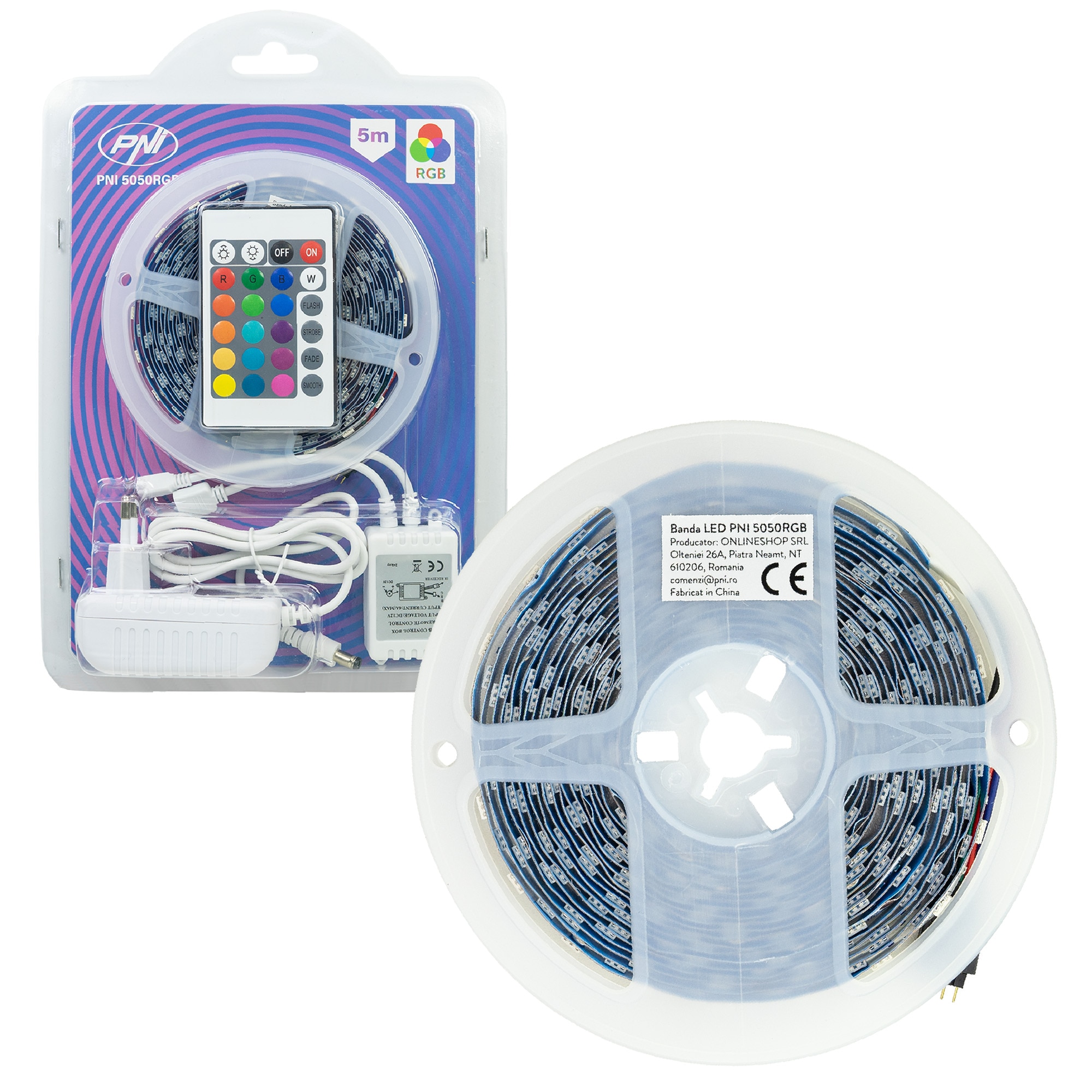 Banda LED PNI 5050RGB, 300 LED-uri, RGB, dimabil, jocuri de lumini, 5 metri, IP20, telecomanda, alimentator 230V inclus, Clasa energetica F