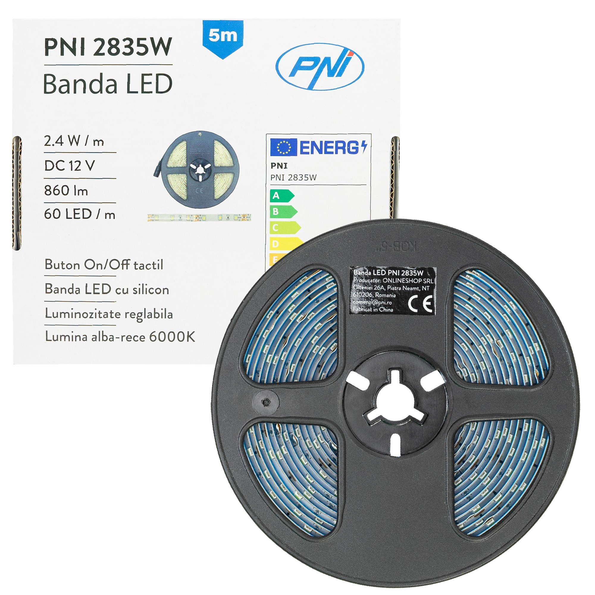 Banda LED PNI 2835W, 300 LED-uri, alb rece 6000K, 860lm, dimabil, buton touch, alimentator 230V, silicon, 5 metri, IP65, Clasa energetica G
