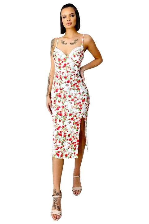 Rochie bodycon Drosera, cu dantela si imprimeu floral, Alb/Rosu, Marimea universala S/M