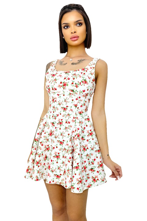 Rochie babydoll MARA, cu funda la spate si imprimeu floral, Alb, Marimea universala S/M/L