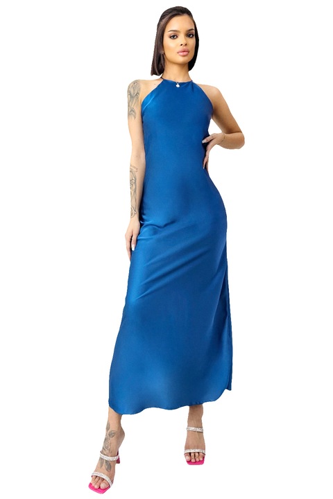 Дълга сатенена рокля Priscilla, с гол гръб и халтър, синя, универсален размер S/M