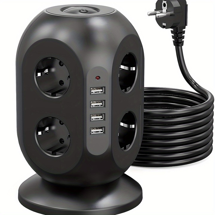 Удължител WALALLA, Tower с 12 гнезда, 4 USB, 1.8m, Защита от пренапрежение, Черен
