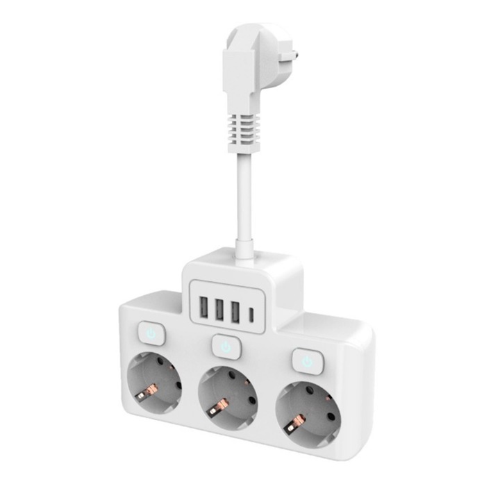 Удължител WALALLA, 3 индивидуални гнезда, USB - USB C, бял, за дома/офиса